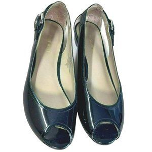 Nine West 8M Black Patton Leather Peep Toe Slip On Flats Accent Side Buckle